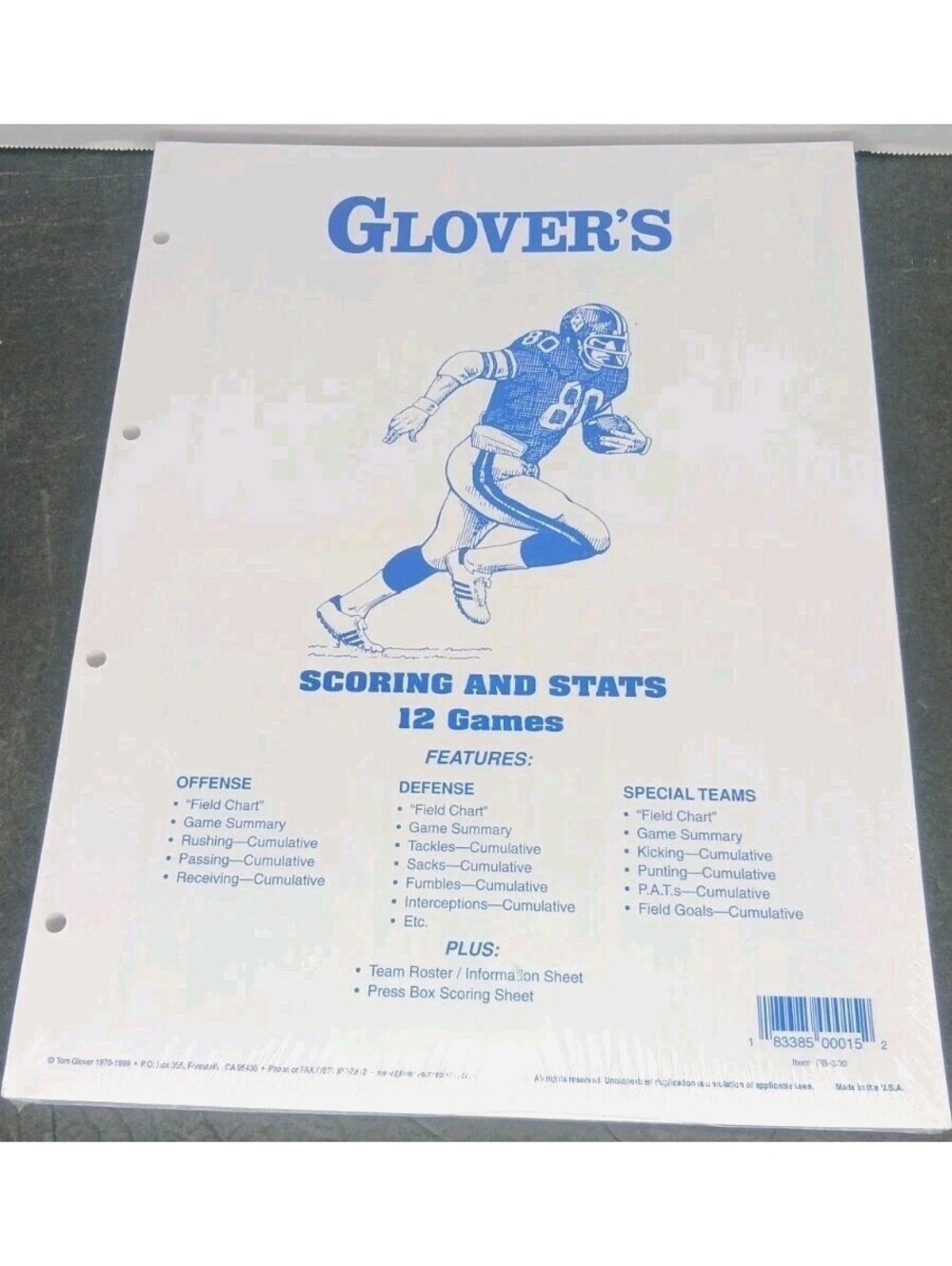 Vtg Glover's scoring and Stats Sheets Football New Sealed FB300 Scorebook Refill
